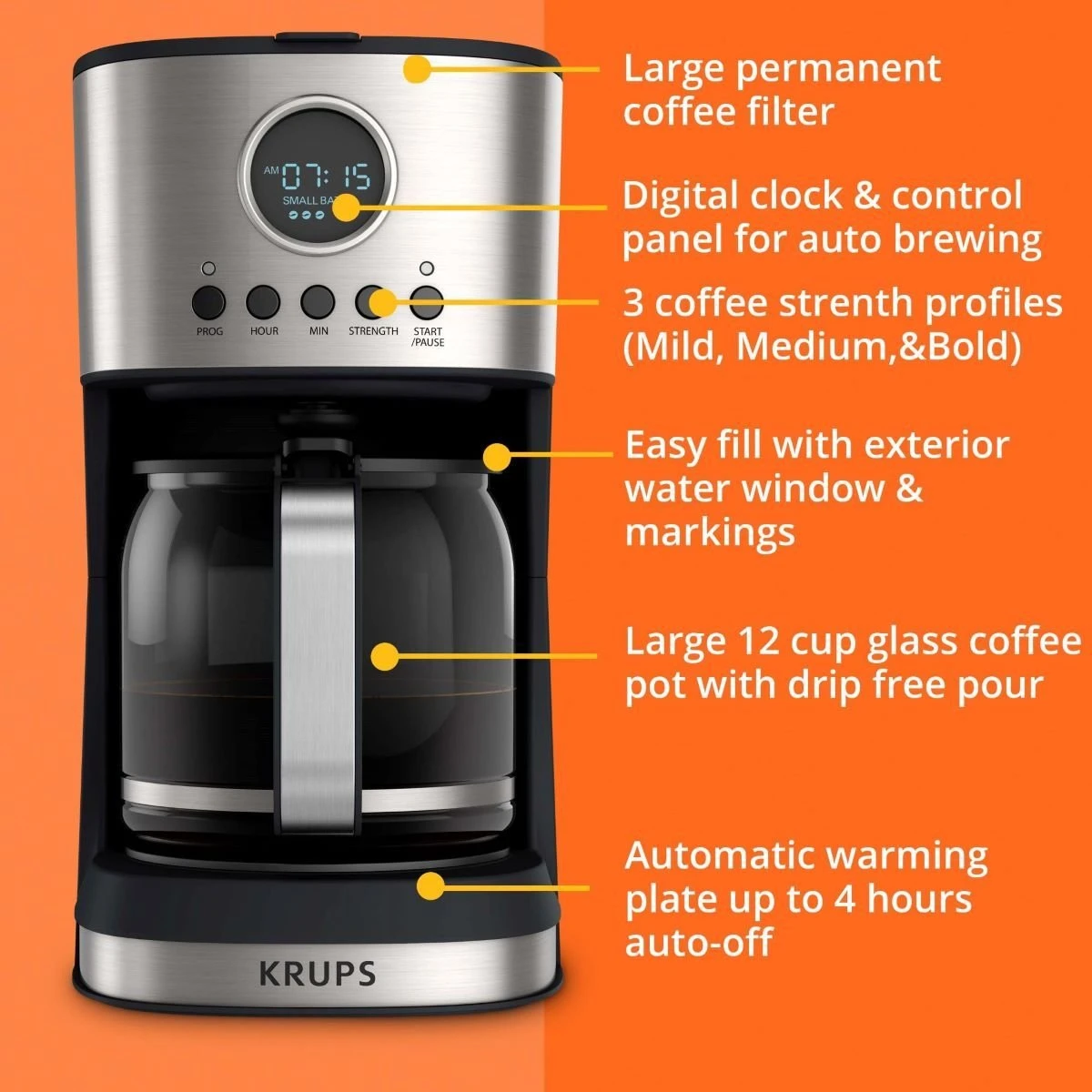 Krups Essential Brewer 12-Cup Digital Drip Coffee Maker | Stainless Steel 4 Krups Essential Brewer 12-Cup Digital Drip Coffee Maker | Stainless Steel - Image 2